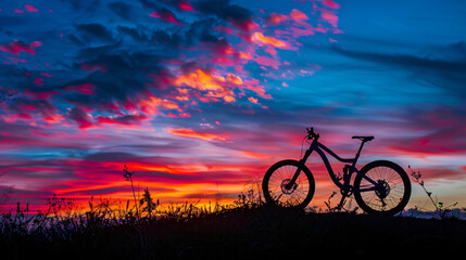 A mountain bike silhouette against a vibrant sunset sky.