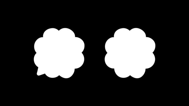 Speech bubble text in cloud shape element animated with alpha channel. Balloon of thinking sign in white line and dashed line doodle scribble motion graphic on transparent background.