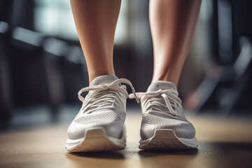 Close-up of sporty sneakers on gym floor, fitness readiness, active lifestyle concept.