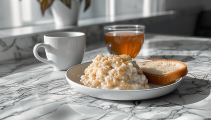 Healthy Oatmeal Breakfast with Tea and Whole Grain Bread