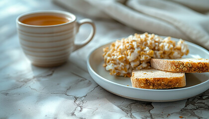 Healthy Oatmeal Breakfast with Tea and Whole Grain Bread