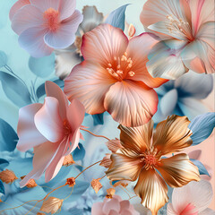 Obraz na płótnie Canvas Large coral, peach and blue flowers on a blue background.
