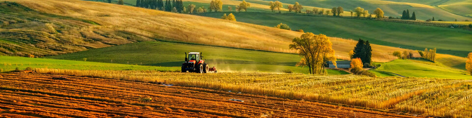 Fototapeta premium Tractor on a striped field, Seasonal Agriculture: Tilling the Fertile Fields, Farming, Earth's Bounty, Educational Materials, Agricultural Equipment Advertisements, Environmental Studies, Banner