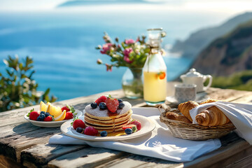 Scenic Ocean View Breakfast with Pancakes and Fresh Fruit