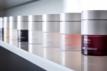 Rows of sleek skincare containers with unbranded labels, offering ample copyspace for individualized customization.