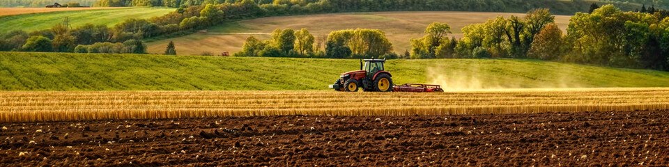 Fototapeta premium Tractor on a striped field, Seasonal Agriculture: Tilling the Fertile Fields, Farming, Earth's Bounty, Educational Materials, Agricultural Equipment Advertisements, Environmental Studies, Banner