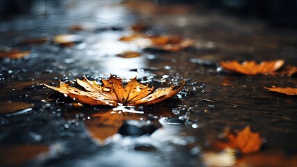 autumn leaves on a wet road after rain.