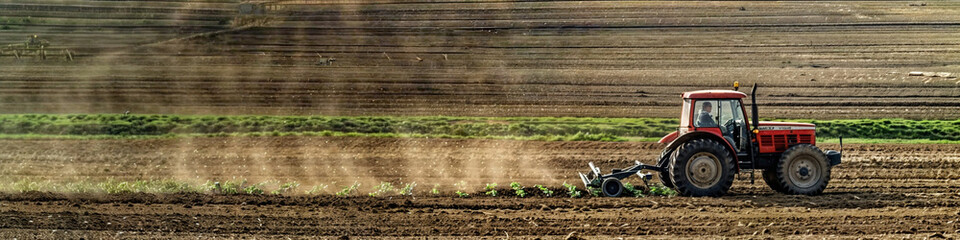 Obraz premium Tractor on a striped field, Seasonal Agriculture: Tilling the Fertile Fields, Farming, Earth's Bounty, Educational Materials, Agricultural Equipment Advertisements, Environmental Studies, Banner