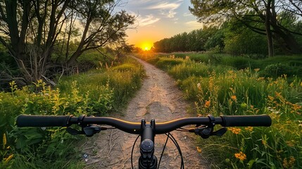 a real photo of riding on the bike trails of Des Moines at sunset - obrazy, fototapety, plakaty