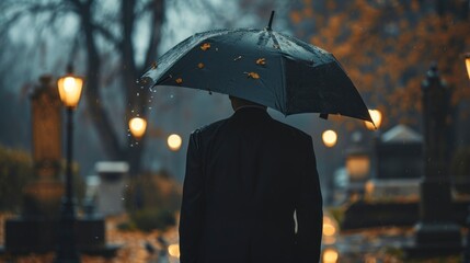 man in a suit in a cemetery with an umbrella and a drizzle
