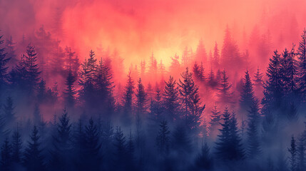 Abstract art - painting of a sunset over a forest - obrazy, fototapety, plakaty