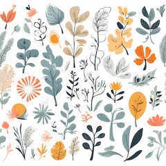 A collection of seamless pattern, colorful abstract plants and flowers. Hand drawn Collection of leaves and flowers. A close up of a pattern of flowers and leaves.
