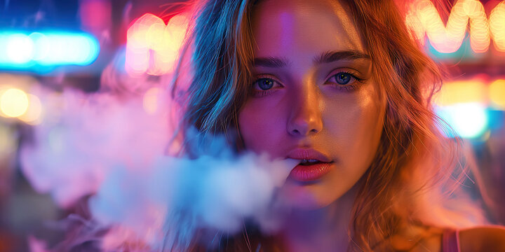 portrait of a young vaper smoker girl exhaling vaping vapor with neon light