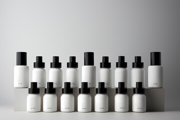 Rows of contemporary skincare bottle featuring blank labels, offering open copyspace for effortless customization and branding.