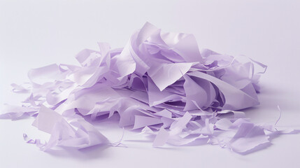 A pile of soft feather-light paper sheets in a muted lavender hue on a clean white background.