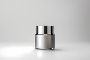 A contemporary skincare product bottle in an elegant silver color, arranged neatly with copyspace...