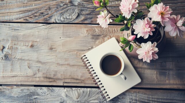 a blank notebook and coffee resting on a wooden table, against a teal background, accompanied by a purple flower in a vase, in a flat lay top view, resembling a mockup style.