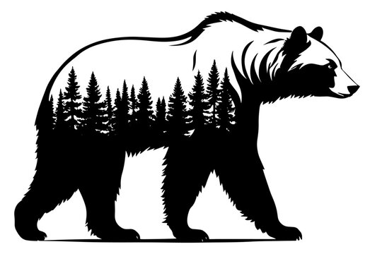 Mountain bear hand drawn silhouette for your design, wildlife concept. Isolated on white background. Isolated emblem with quote, sign, banner, logo, posters, greeting cards, scrap booking, for textile