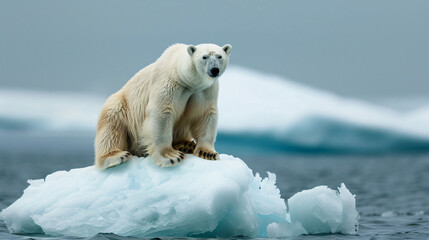 A polar bear on a shrinking ice floe symbolizing climate change. - obrazy, fototapety, plakaty
