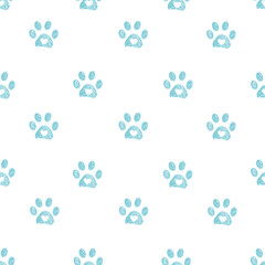 Cute blue doodle paw prints with hearts. Fabric design seamless pattern white background