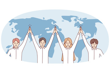Friendly team of international company is standing near world map with hands up, demonstrating solidarity. Men and women in white shirts working global corporations. Flat vector illustration