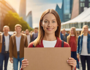 Young smiling casual activist girl showing blank cardboard sign with copy space in the street. - 767375548