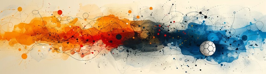 Soccer ball in flight abstraction with colorful dust and drops of paint of different colors.
Concept: illustrations of sports themes, football events. Copy space banner