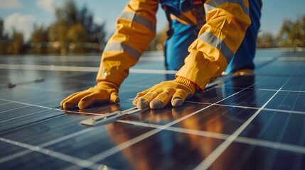 A technician in yellow gloves installing photovoltaic solar panel system on the rooftop. Alternative energy concept.