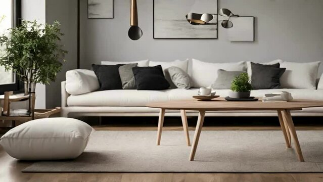 modern living room with long sofa,coushine or round table with window plant 