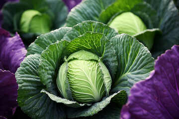 Obraz premium Green Cabbage Head Close-up with Purple Leaves in the Garden