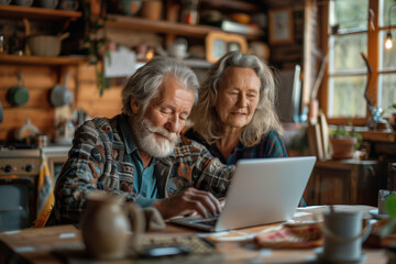 Elderly man and woman looking at laptop - obrazy, fototapety, plakaty