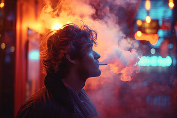man smoker exhaling cigarette smoke in smoky atmosphere with neon lights on night street - obrazy, fototapety, plakaty