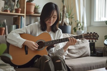 Asian woman playing guitar, sitting relaxed on a couch in her cozy living room, making music at home