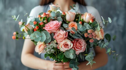 Blossoming Rose and Eucalyptus Bouquet Held by Young Florist Woman Against Grey Wall Background