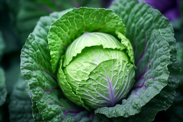 Green Cabbage Head Close-up with Purple Leaves in the Garden