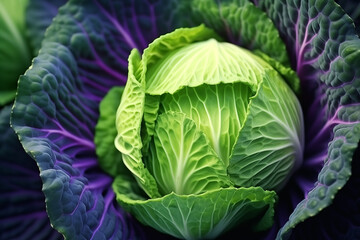 Obraz premium Green Cabbage Head Close-up with Purple Leaves in the Garden