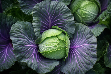 Obraz premium Vibrant Ornamental Cabbages: A Symphony of Purple and Green
