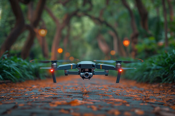 Aerial View of Black and White Camera Flying Over Forest