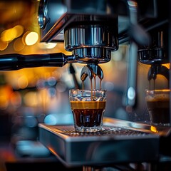 Espresso being poured from an espresso machine in a cafe, coffee shop or restaurant