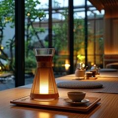 Japanese tea house, table lamp and cup of tea, ambient lighting