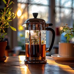 French press in the morning light of a kitchen