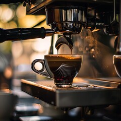 Espresso being poured from an espresso machine into a unique glass cup - obrazy, fototapety, plakaty