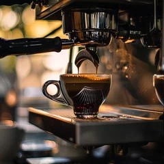 Foto op Plexiglas Espresso being poured from an espresso machine into a unique glass cup © Brittney
