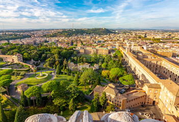 Aerial view of Vatican museums and gardens seen from St. Peter's basilica top, Rome, Italy