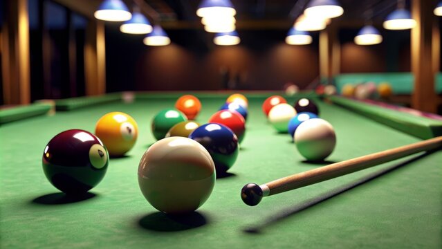 Billiard table with balls and cue