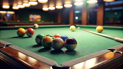 Billiard table with balls and cue