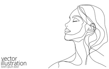  Continuous one single line art girl face concept. Beautiful woman portrait fashion hair hand drawn sketch. Beauty happy smiling young lady side head black white monochrome vector illustration