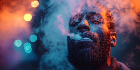 Portrait of black man smoker exhaling cigarette smoke in a smoky atmosphere with neon lights on night