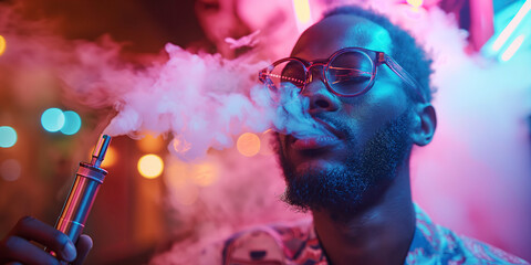 black male vaper smokes a vape and exhales steam in a smoky bar with neon lights - obrazy, fototapety, plakaty