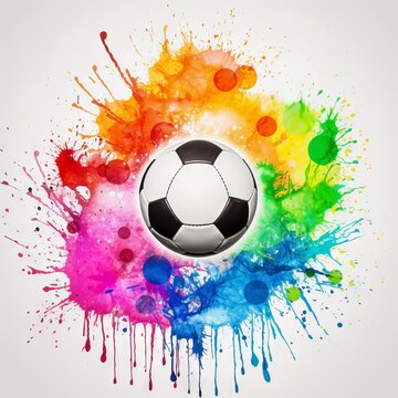 Soccer ball in flight abstraction with colorful dust and drops of paint of different colors.
Concept: illustrations of sports themes, football events. Copy space banner